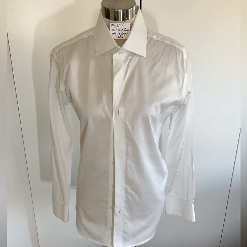 J. Hill burn white cotton long sleeve dress shirt.  Fits like US Medium